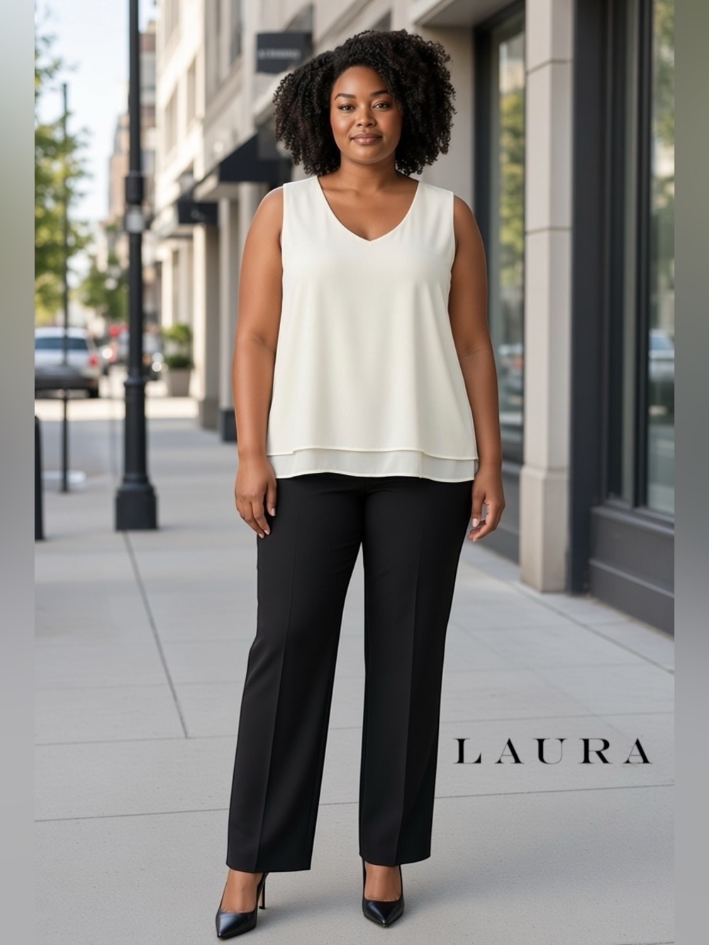 Laura, Size 18, Ivory Sleeveless V-Neck Blouse Double Layer